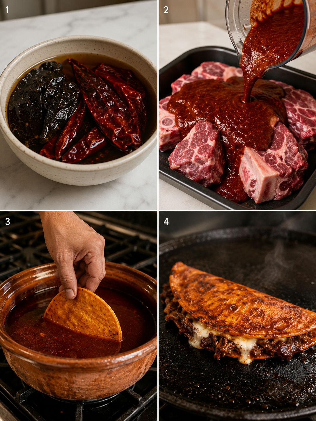 Four cooking steps for beef birria tacos: soaking chiles, marinating beef, dipping tortilla, and frying on a comal