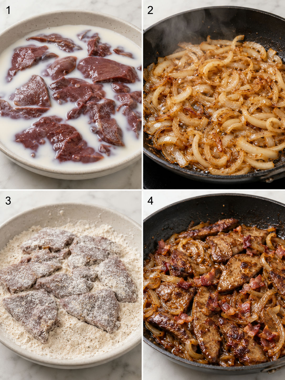 Four cooking steps for beef liver and onions in a skillet