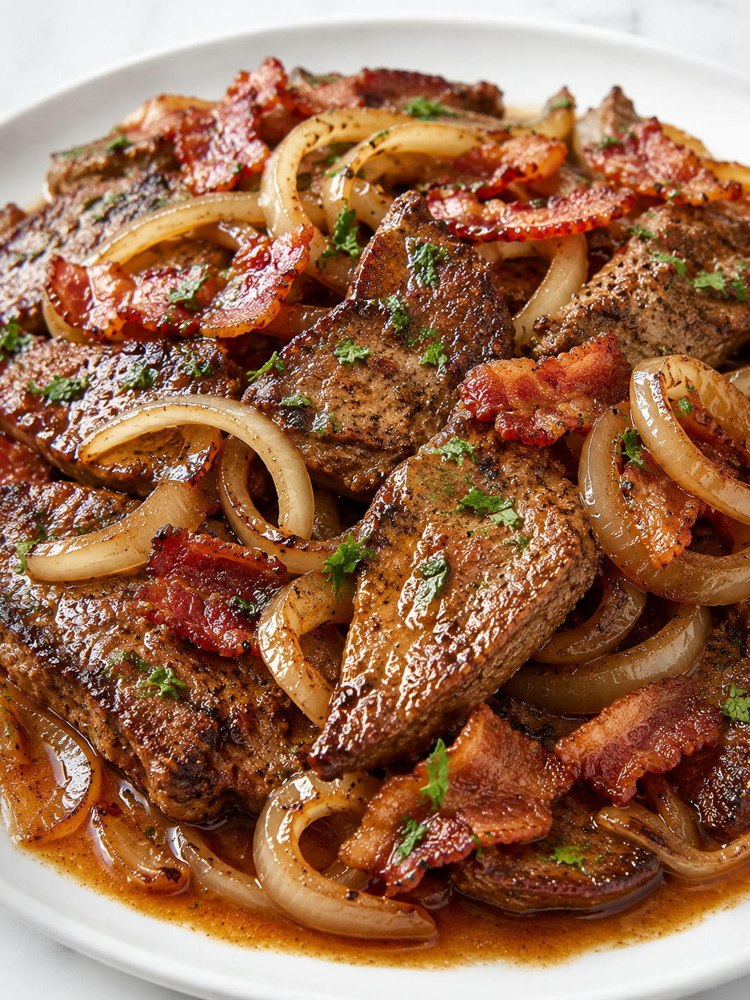 Beef liver and onions with golden onions, bacon, and pan juices
