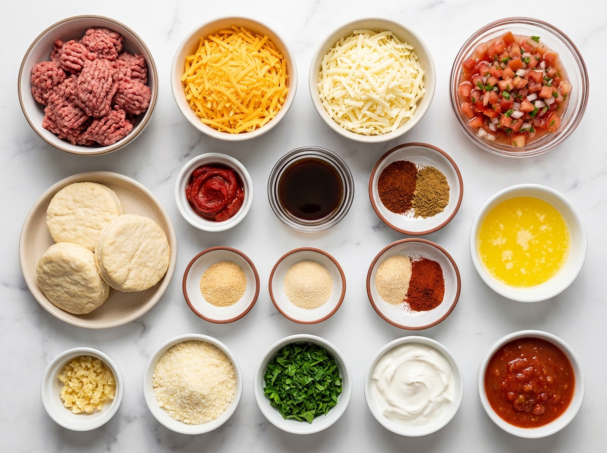 Ingredients for beef Meximelt taco bites with dough, beef, cheese, and spices