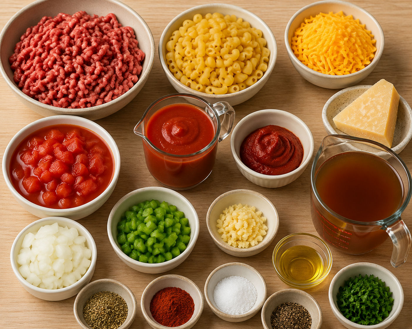Raw beef mince macaroni ingredients with pasta, tomatoes, cheddar, and herbs