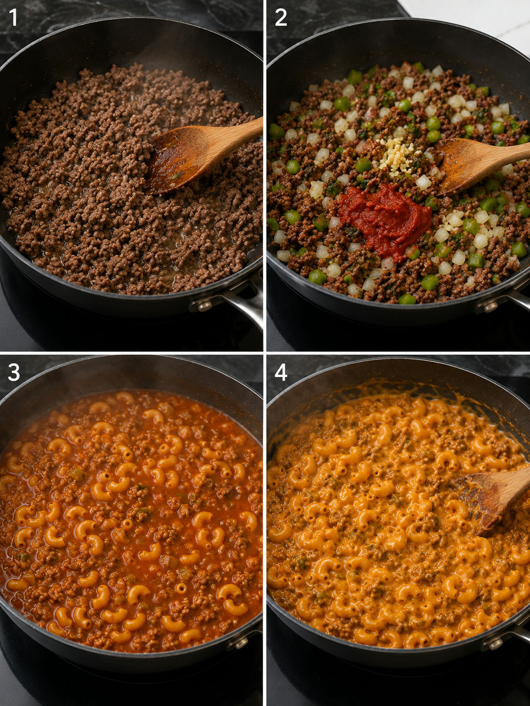 Four cooking steps for beef mince macaroni from browning to cheese