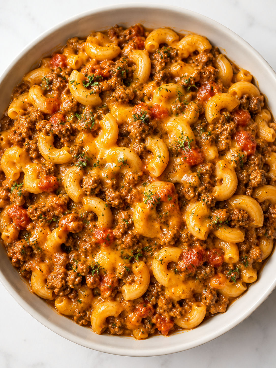 Top-down beef mince macaroni with tomato sauce, cheddar, and parsley