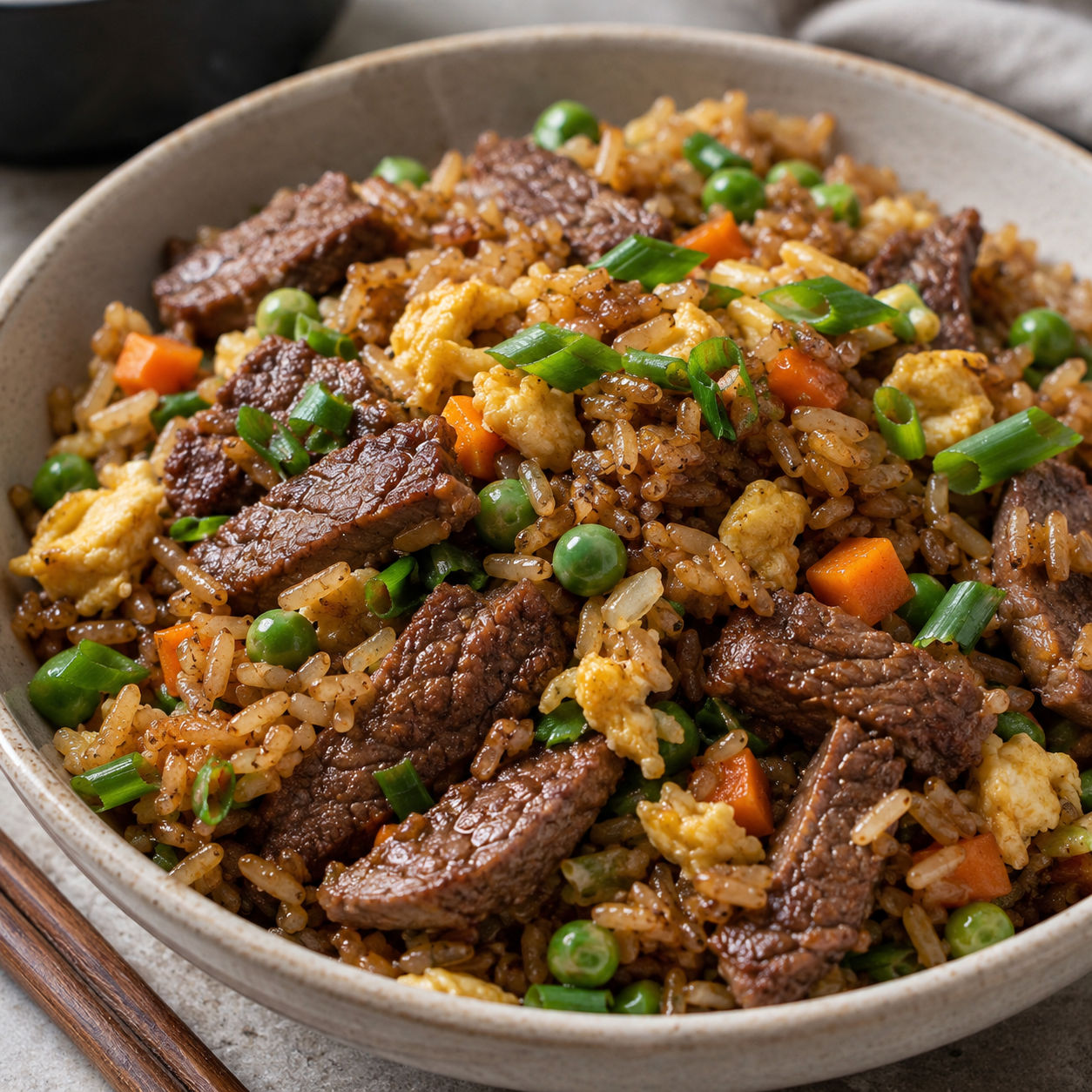 Beef stir-fry fried rice with egg, peas, carrots, and green onions