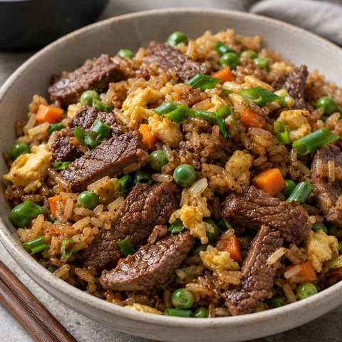 Beef stir-fry fried rice with egg, peas, carrots, and green onions