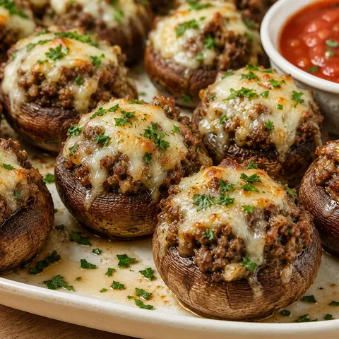 Beef-stuffed mushrooms with melted cheese and parsley on a white plate
