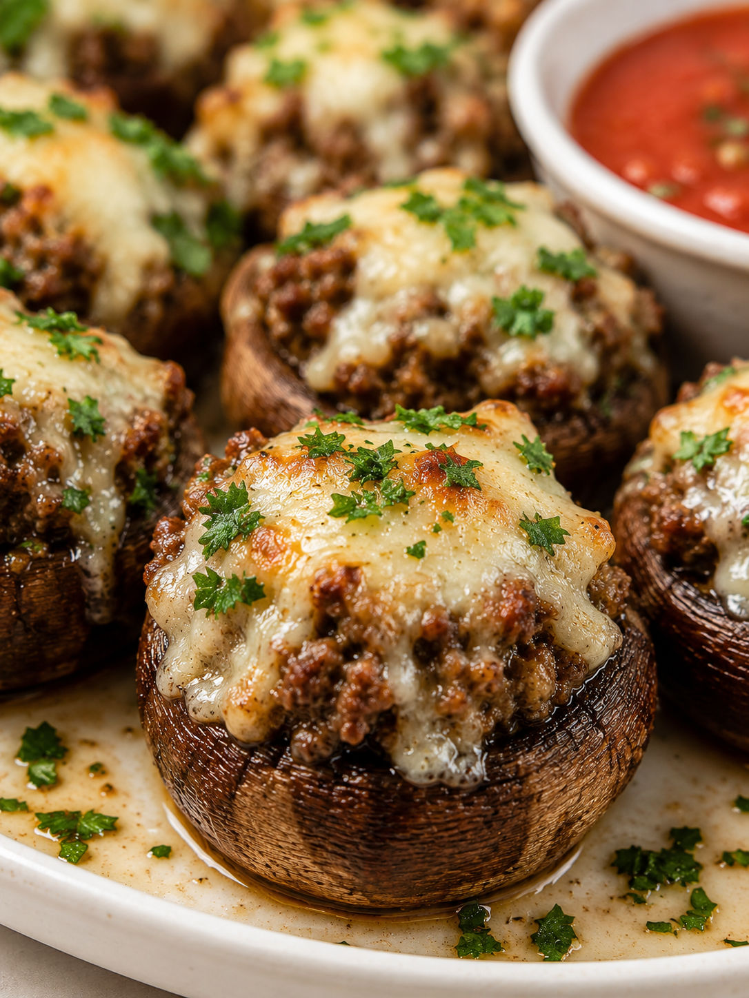 Beef-Stuffed Mushrooms, plated and served