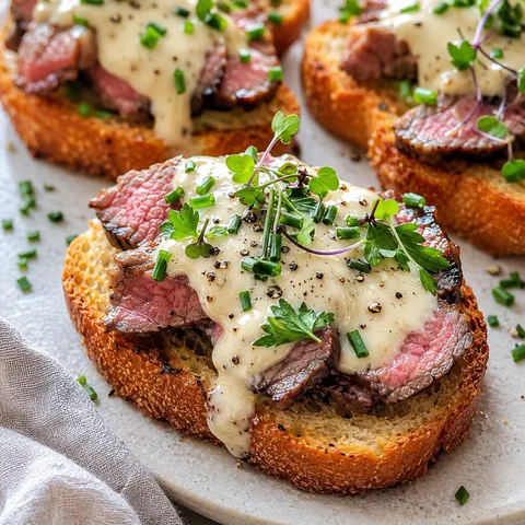 Beef tenderloin crostini with Parmesan sauce and microgreens