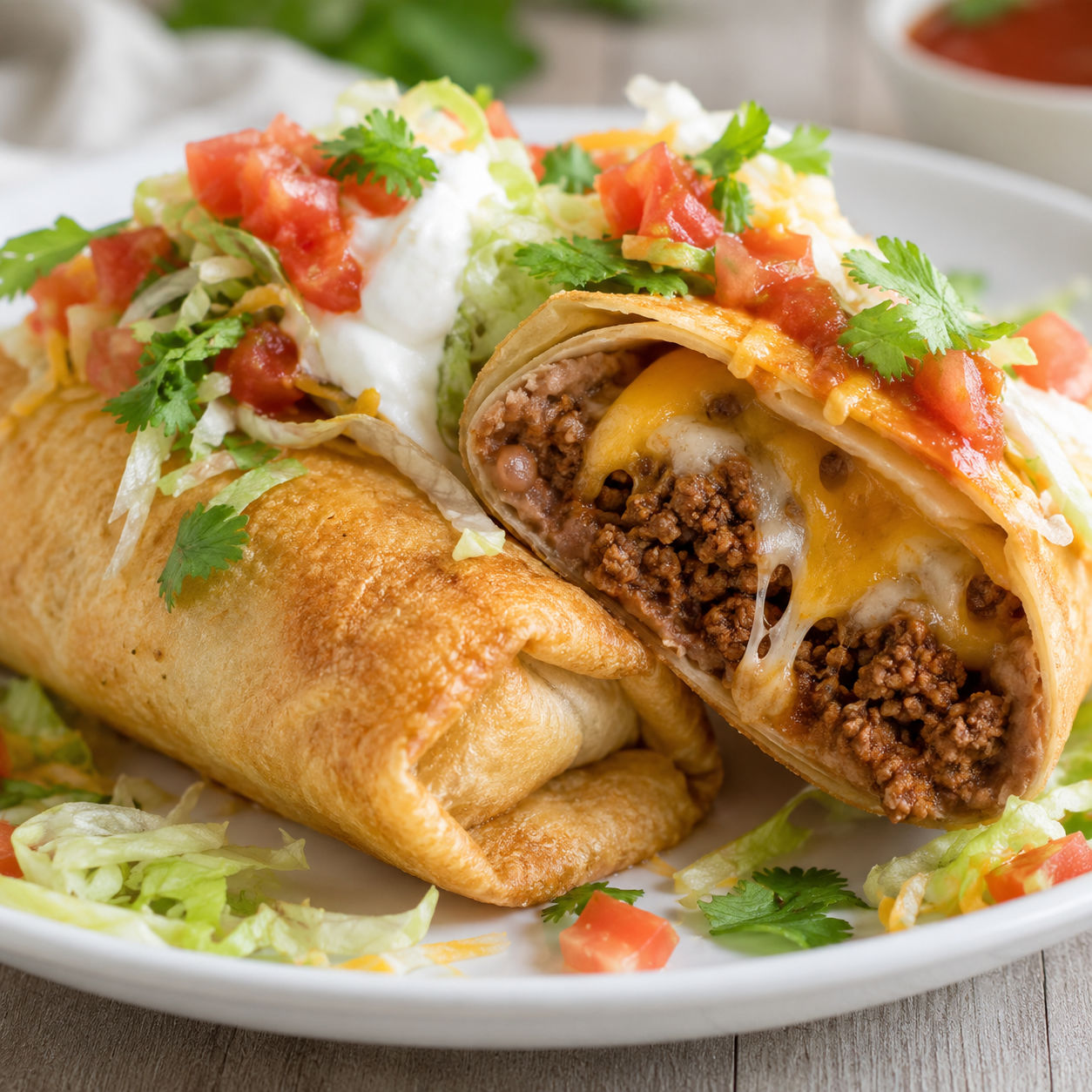 Beef and cheese chimichangas with sour cream, lettuce, tomatoes, and salsa