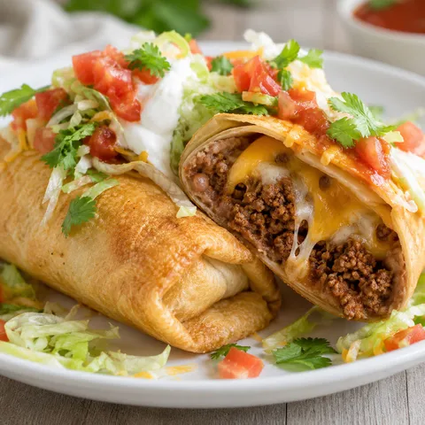 Beef and cheese chimichangas with sour cream, lettuce, tomatoes, and salsa