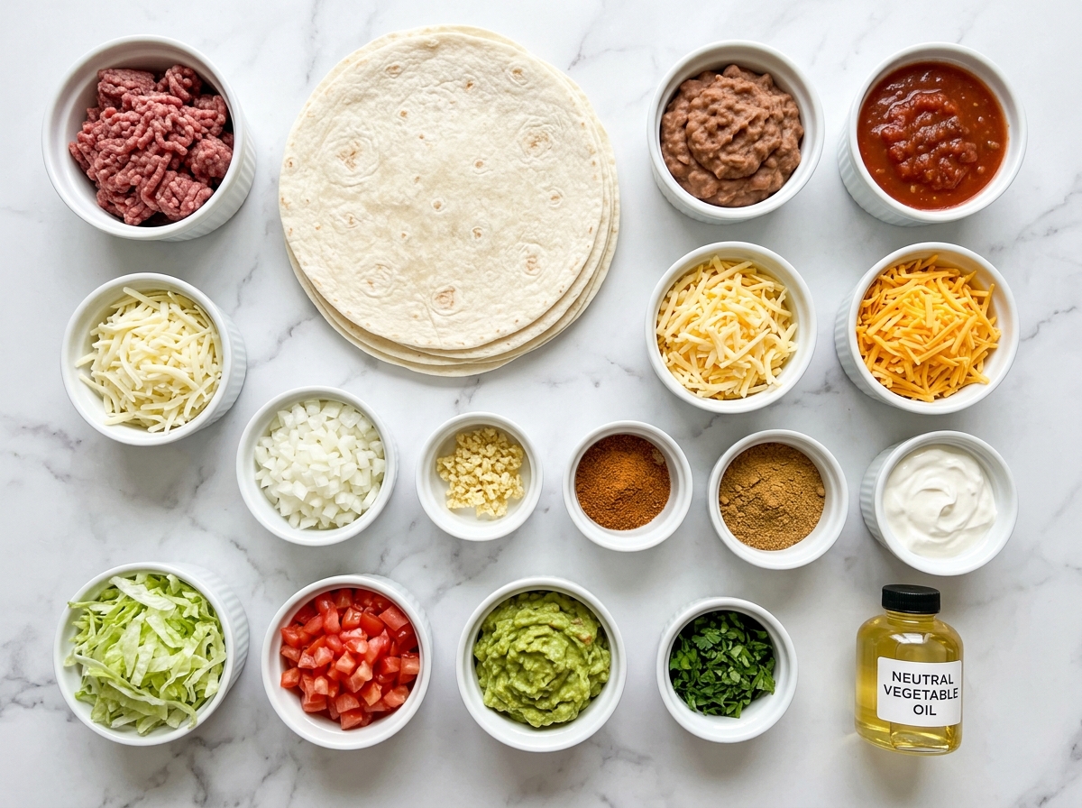 Ingredients for beef and cheese chimichangas on a wooden surface