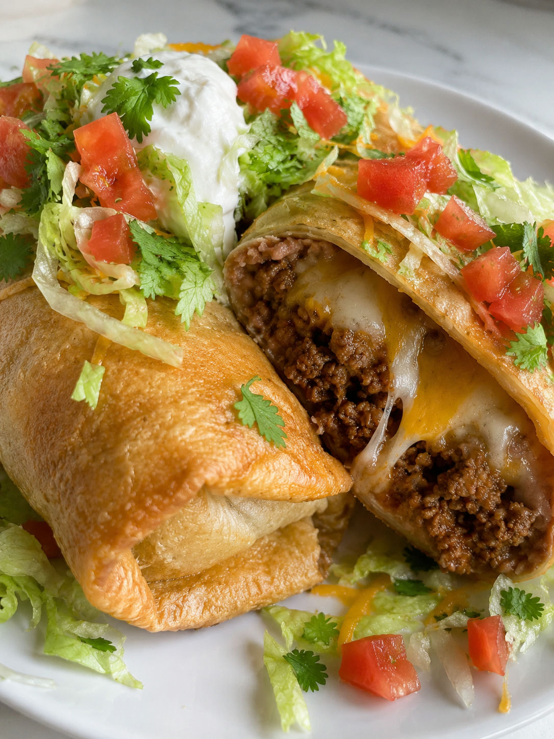 Beef and Cheese Chimichangas, plated and served