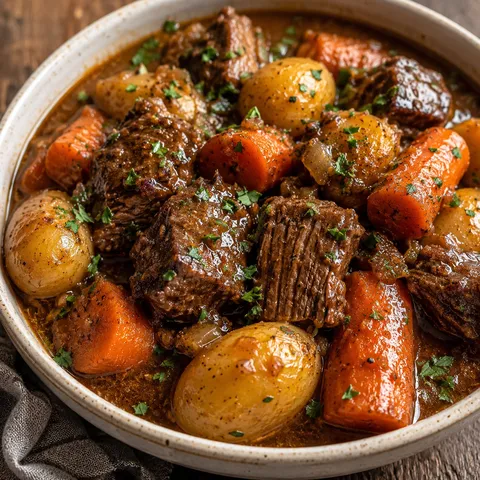 Beef and potato slow cooker stew with carrots and parsley in a bowl