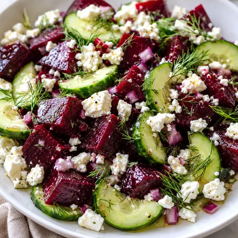 Beet salad with feta, cucumber, and fresh dill in a white bowl
