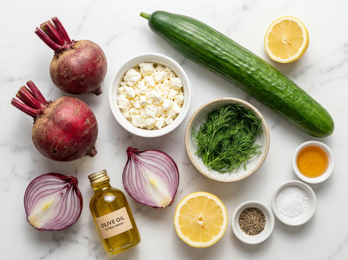 Ingredients for beet salad with feta, cucumber, lemon, and dill