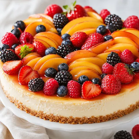 Berry peach cheesecake topped with fresh peaches and mixed berries