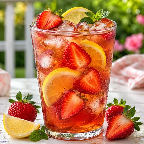 Strawberry Southern sweet tea with lemon, ice, and fresh berries