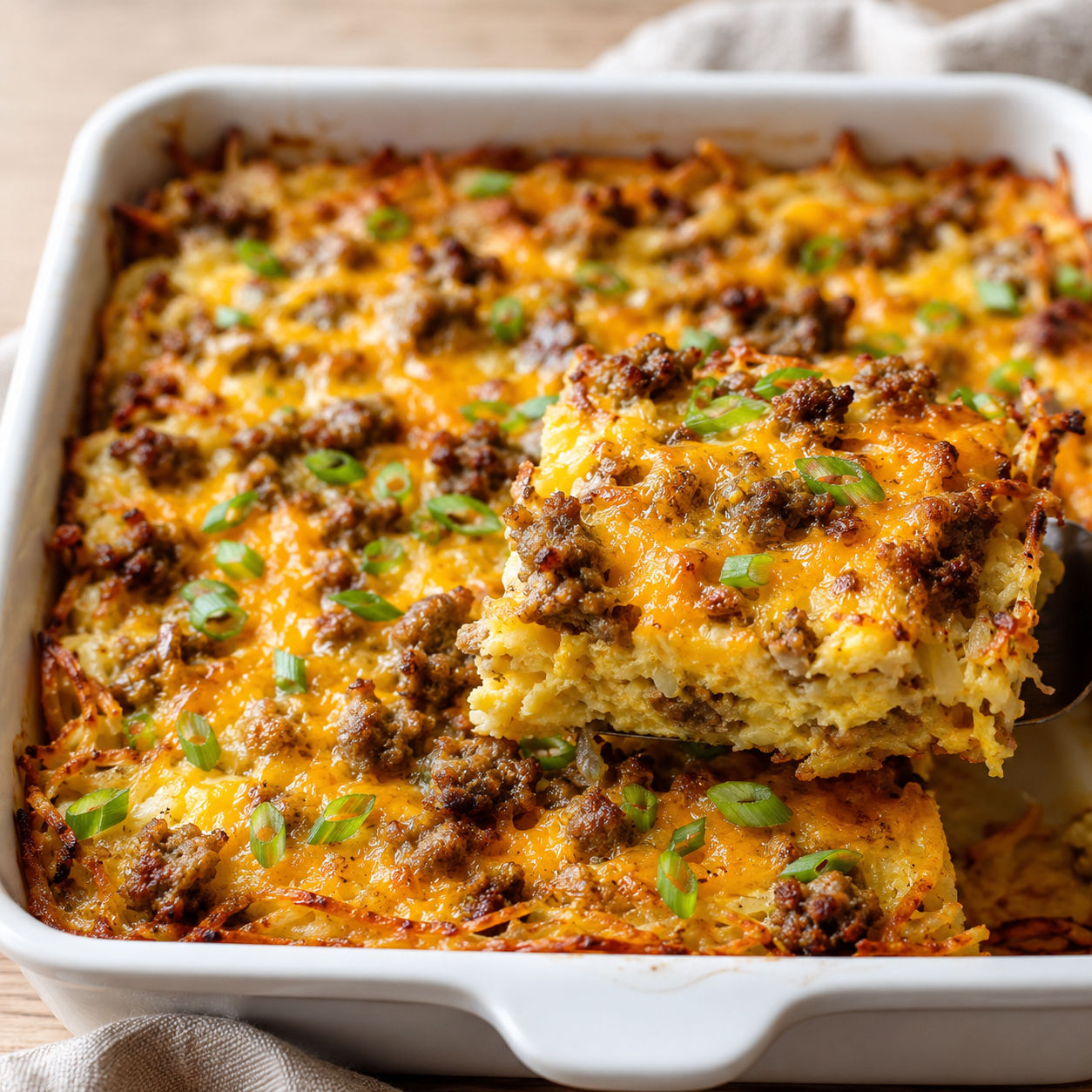 Hash brown sausage breakfast casserole with cheddar and green onions
