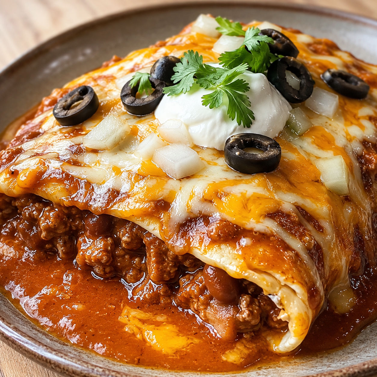 Cheesy beef enchirito with red sauce, olives, onion, and sour cream