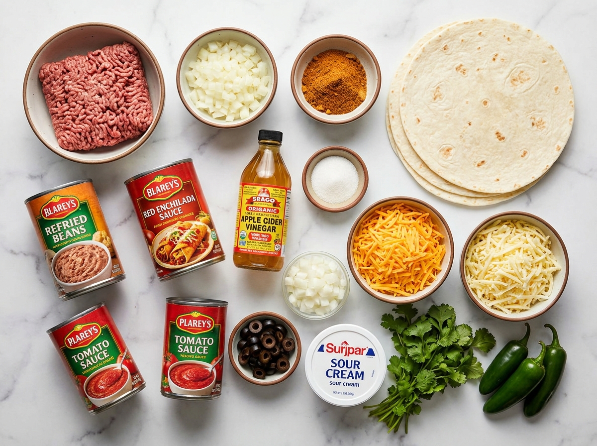 Ingredients for cheesy beef enchiritos with sauce and toppings