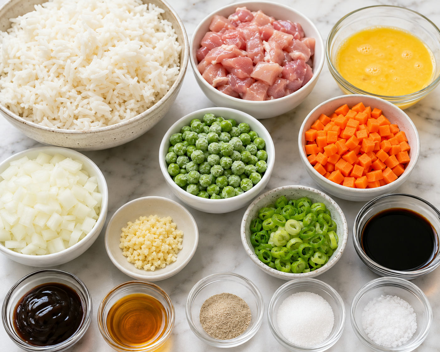 Ingredients for chicken fried rice with rice, chicken, eggs, vegetables, and sauces