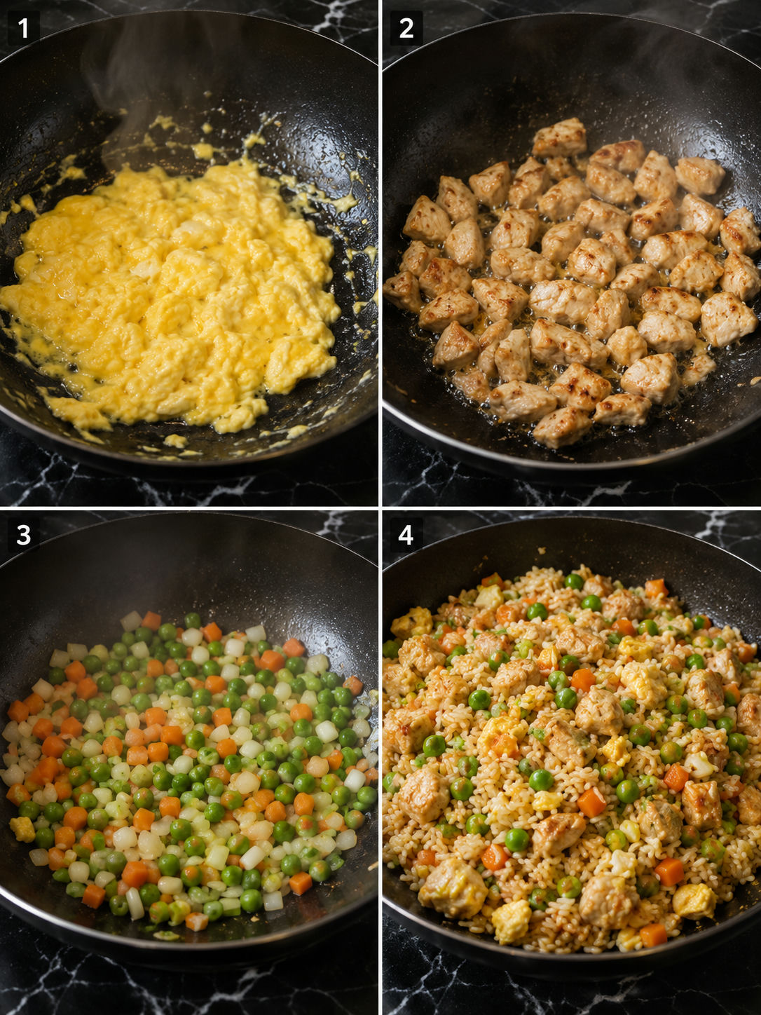Four cooking steps for chicken fried rice from eggs to final toss