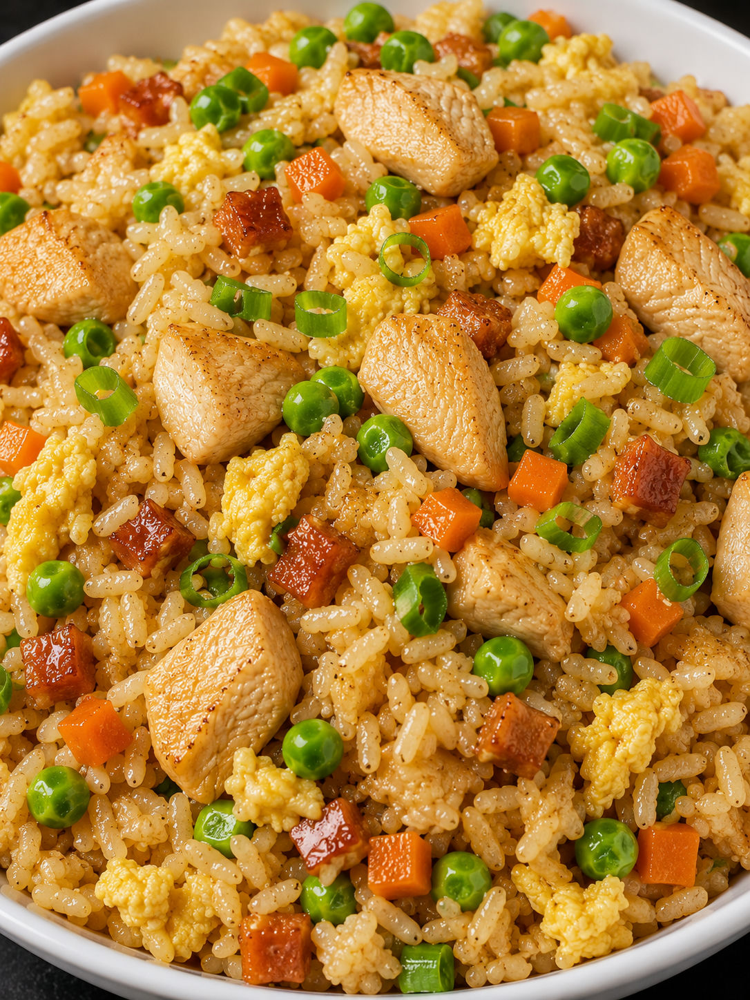 Chicken fried rice filling the frame with egg, chicken, peas, carrots, and scallions