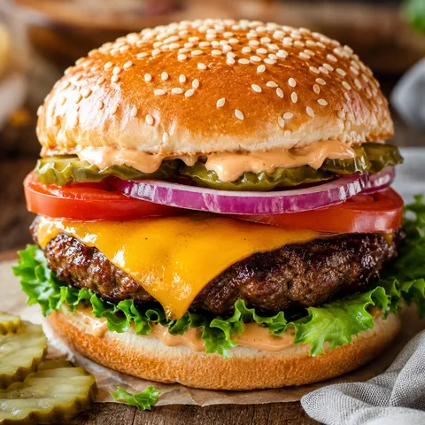 Juicy cheeseburger with melted cheese, lettuce, tomato, onion, and pickles