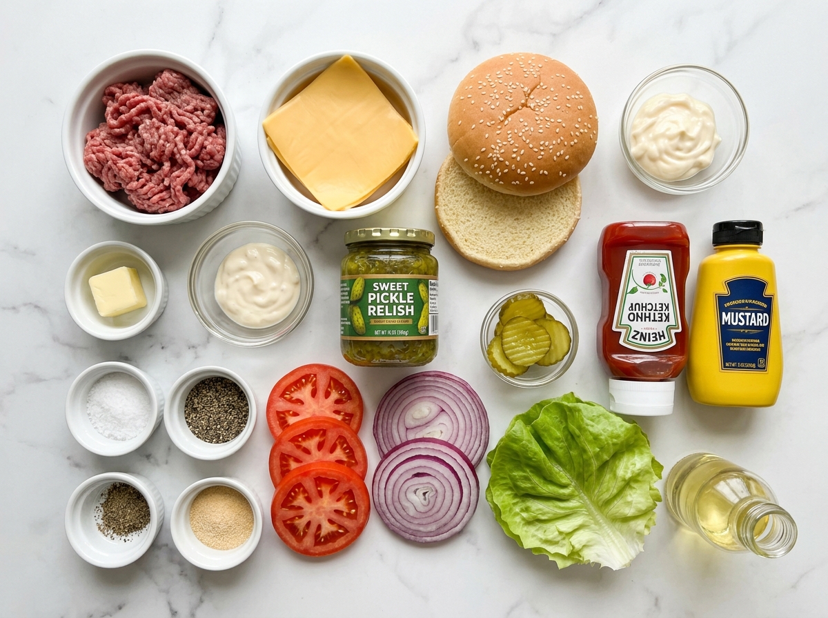 Ingredients for cheeseburgers with ground beef, buns, cheese, sauce, and toppings