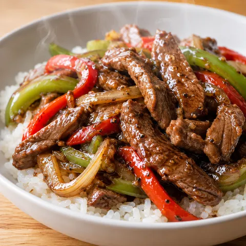 Pepper steak with bell peppers and onions over white rice in a bowl
