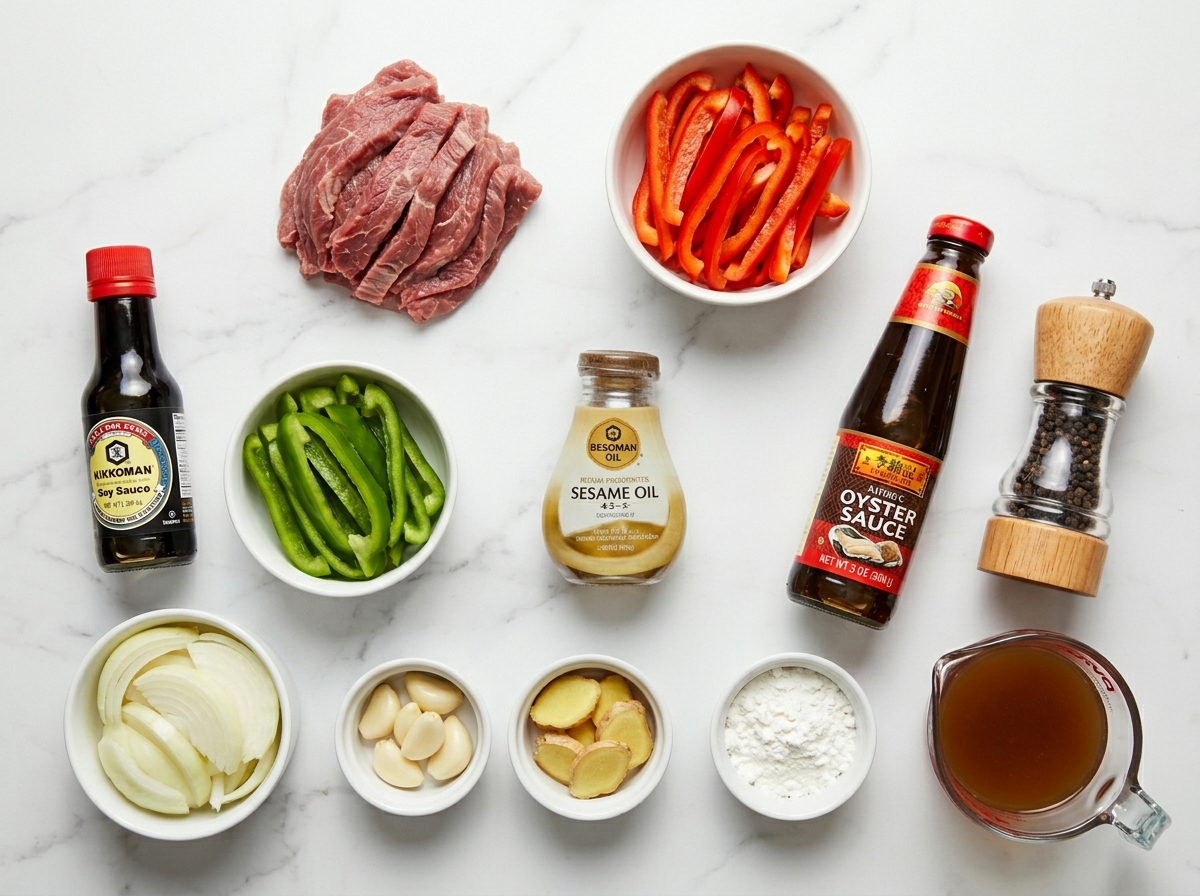 Raw flank steak, bell peppers, onion, and sauces for pepper steak