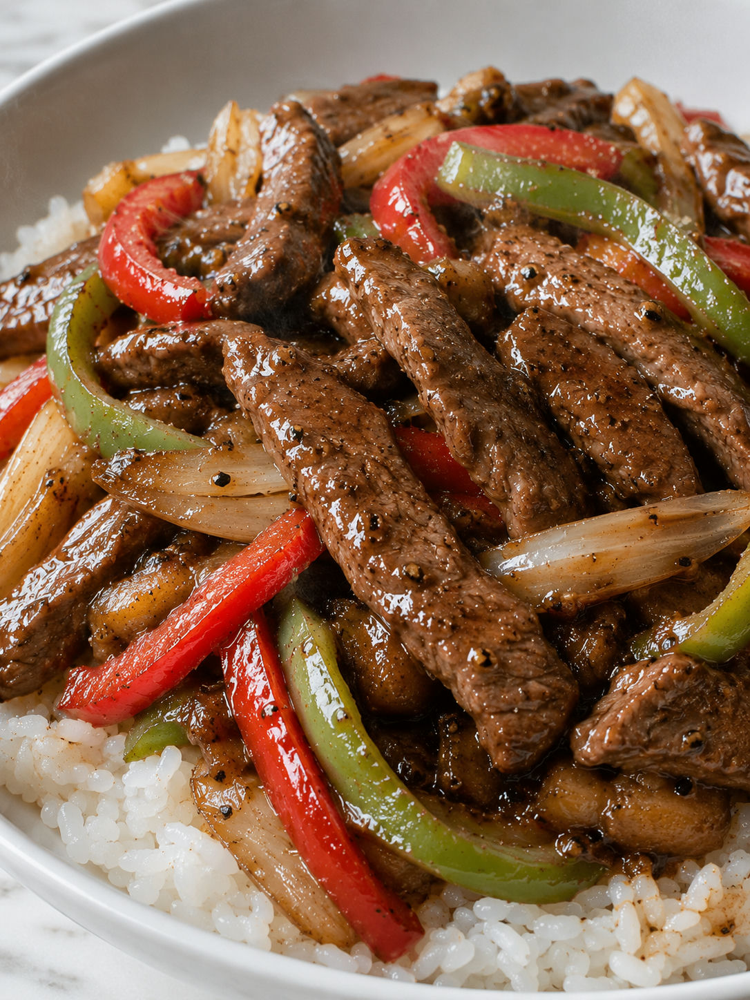 Best Ever Pepper Steak, plated and served