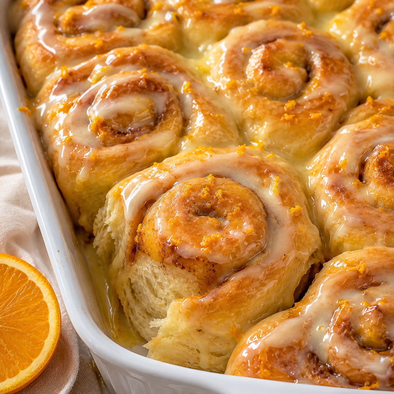 Glazed orange rolls with orange zest in a white baking dish