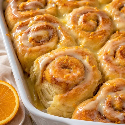 Glazed orange rolls with orange zest in a white baking dish