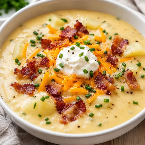 Creamy potato soup with bacon, cheddar, sour cream, and chives