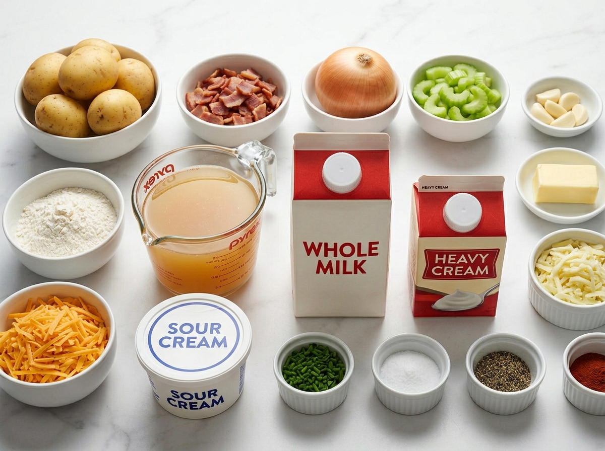 Potato soup ingredients with potatoes, bacon, cheddar, sour cream, and chives