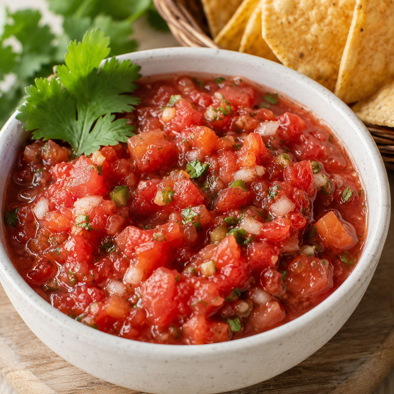 Bowl of chunky fresh tomato salsa with cilantro and lime