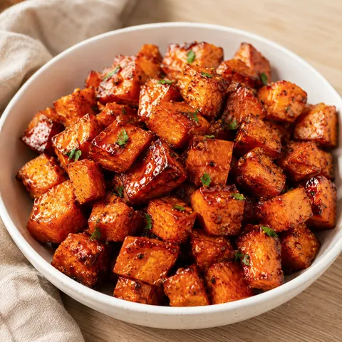 Maple spiced roasted sweet potatoes with parsley in a white bowl