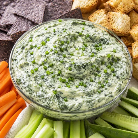 Creamy spinach dip with chives, chips, bread, and fresh vegetables