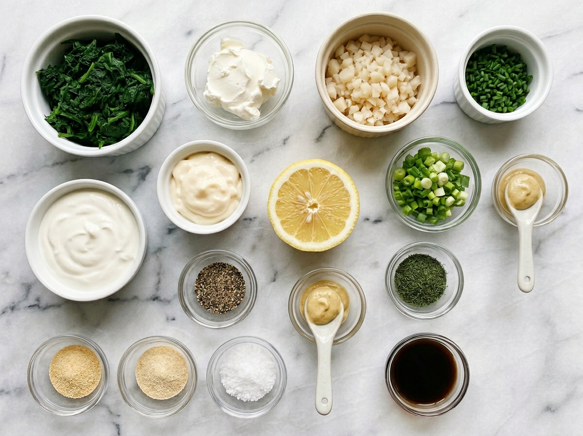 Spinach dip ingredients with sour cream, cream cheese, chives, and water chestnuts