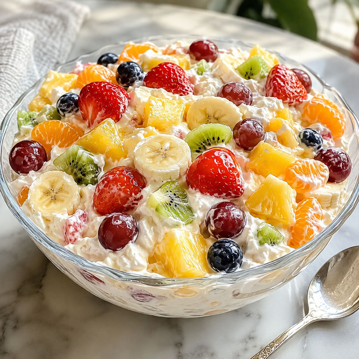 Creamy fruit salad with strawberries, pineapple, grapes, kiwi, and whipped cream