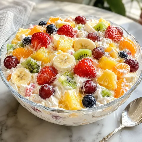 Creamy fruit salad with strawberries, pineapple, grapes, kiwi, and whipped cream