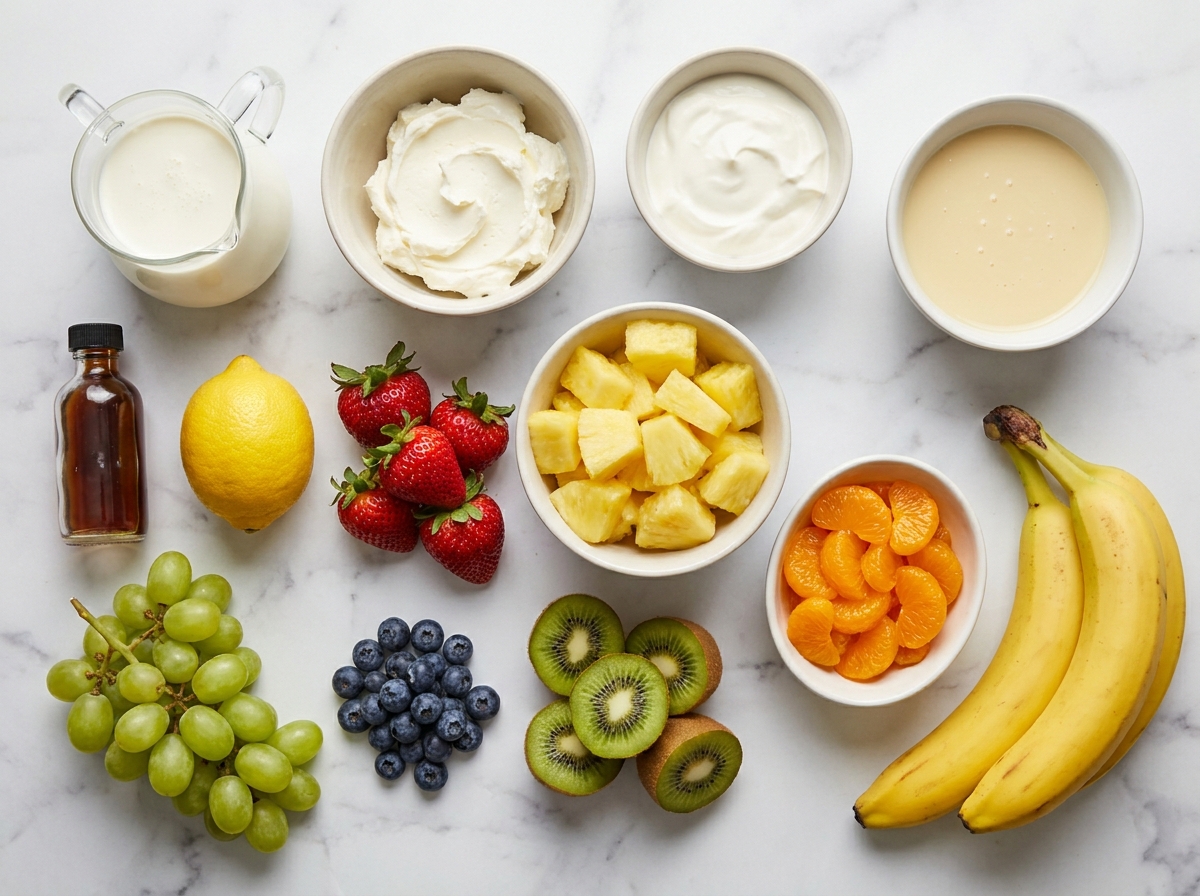 Fresh fruit and cream ingredients for creamy fruit salad on a marble counter