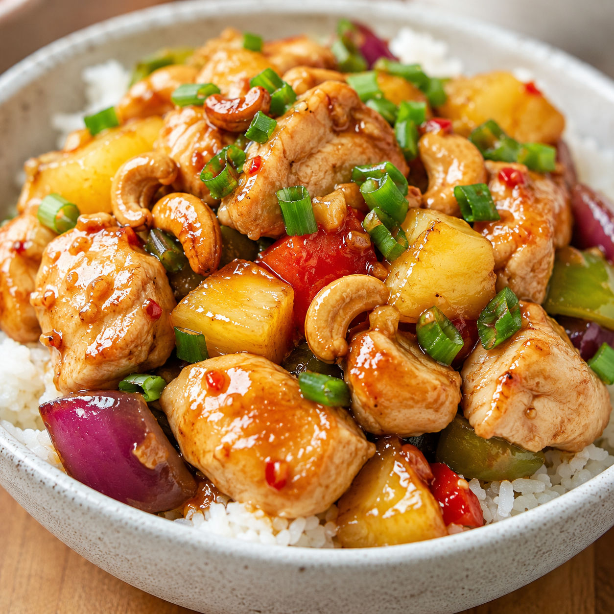 Pineapple chicken with cashews, peppers, green onions, and rice