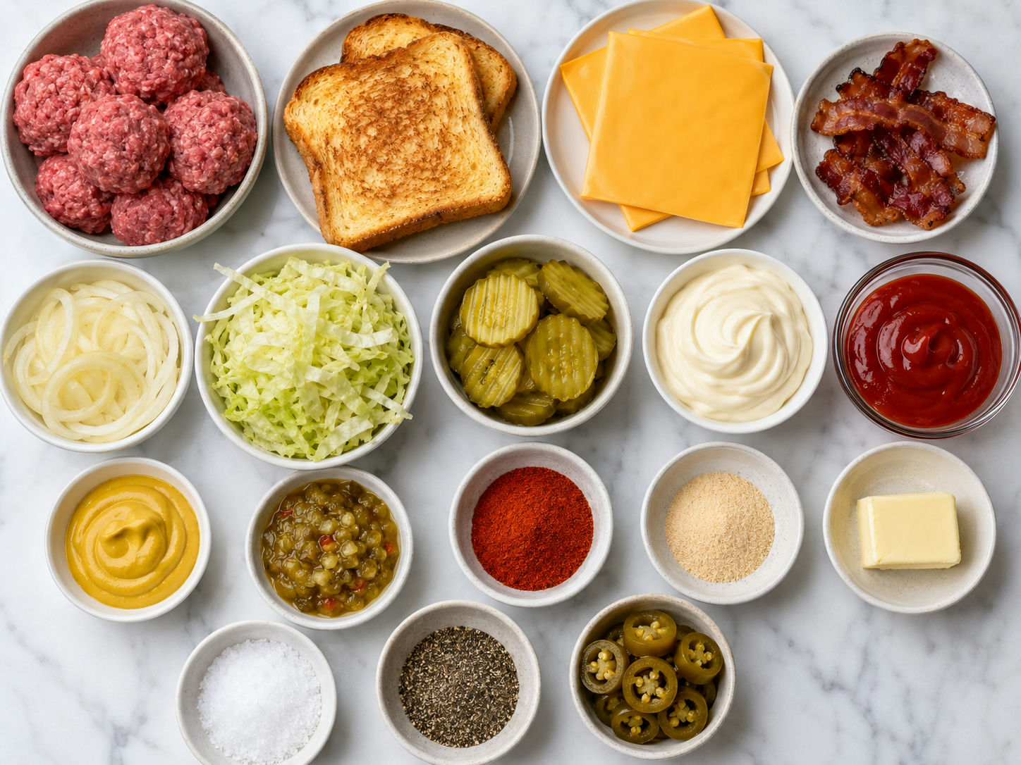 Ingredients for loaded smashburger sandwiches with Texas toast and bacon