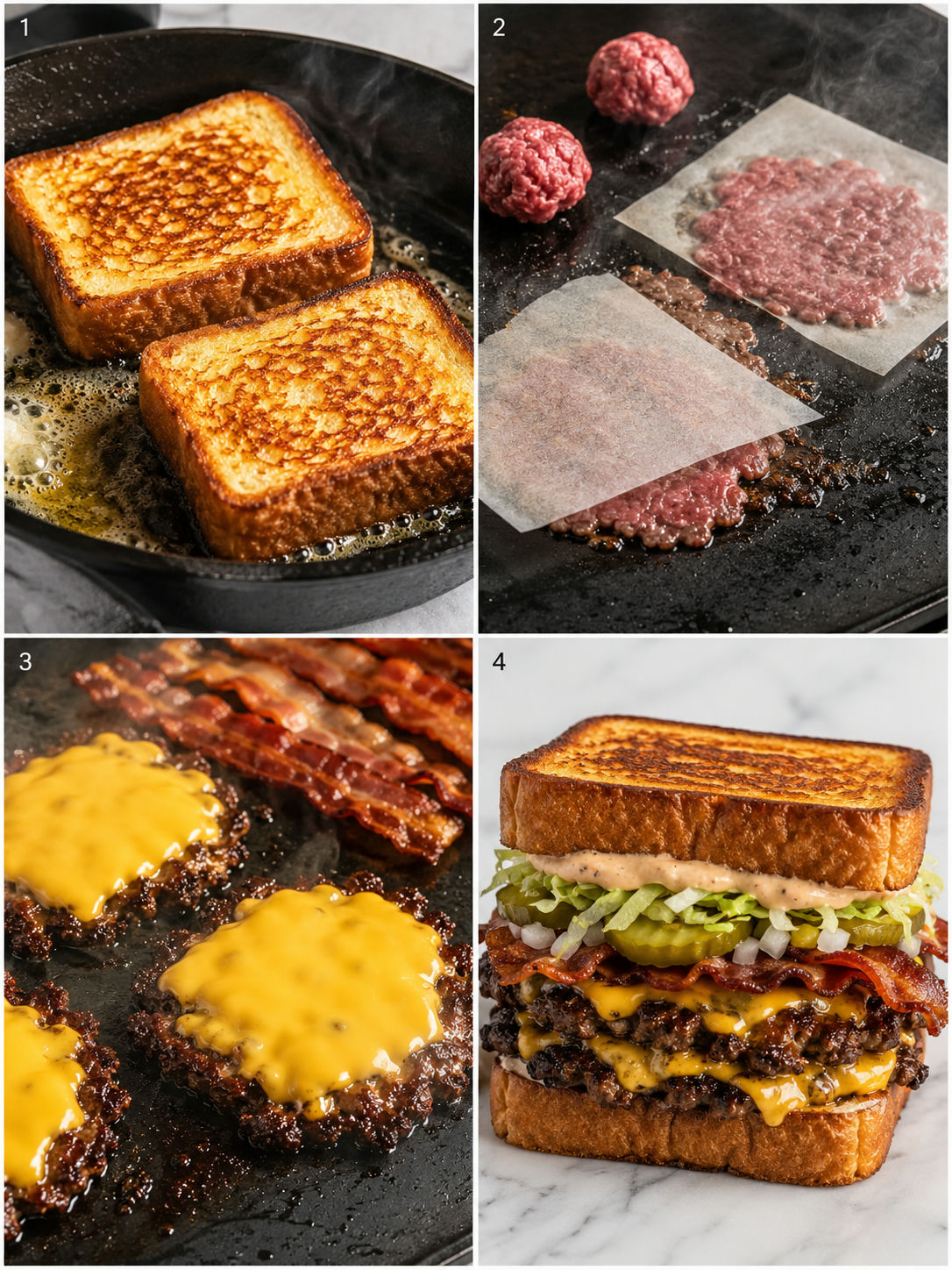 Four steps for making a loaded smashburger sandwich on Texas toast
