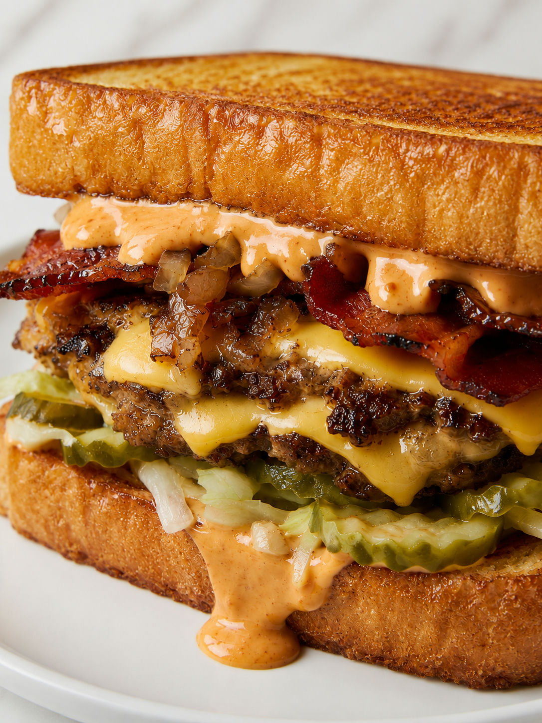 Loaded Texas toast smashburger sandwich with cheese, bacon, pickles, and sauce