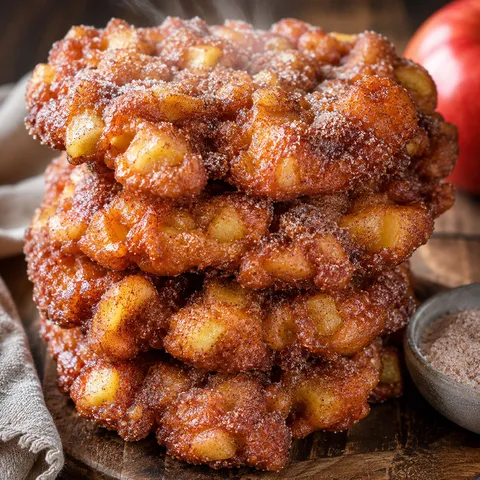 Stack of golden big apple fritters coated in cinnamon sugar on a wooden board