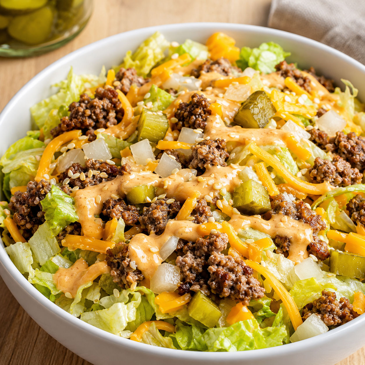 Big Mac salad bowl with beef, cheddar, pickles, lettuce, and burger sauce