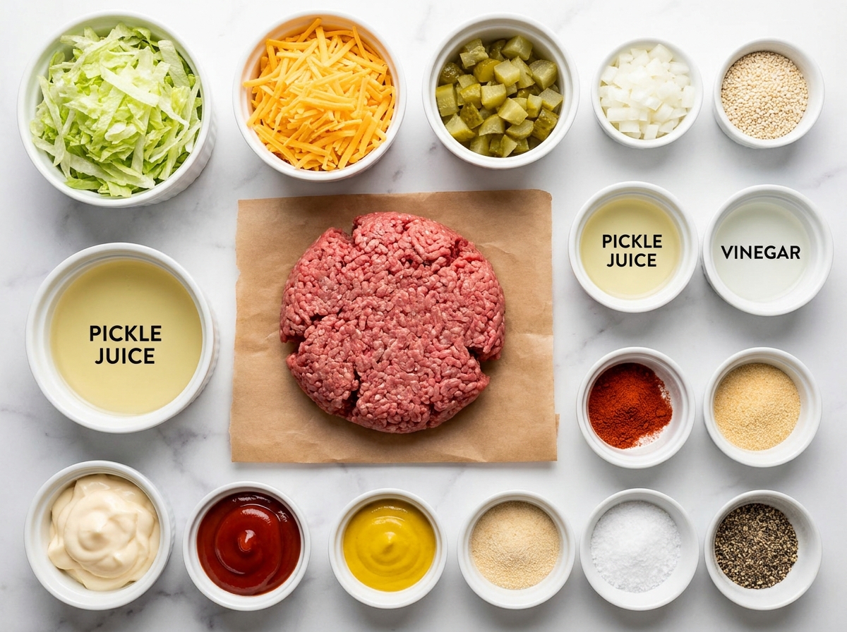 Ingredients for Big Mac salad bowl with ground beef, lettuce, cheese, and pickles